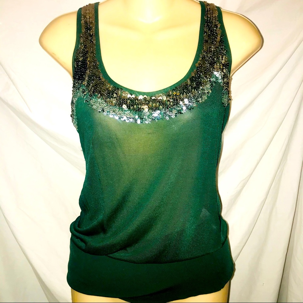 BEBE Green Sequin Silk Sleeveless Top